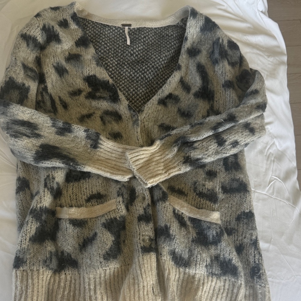 Free People Black and Cream Leopard Cardigan
